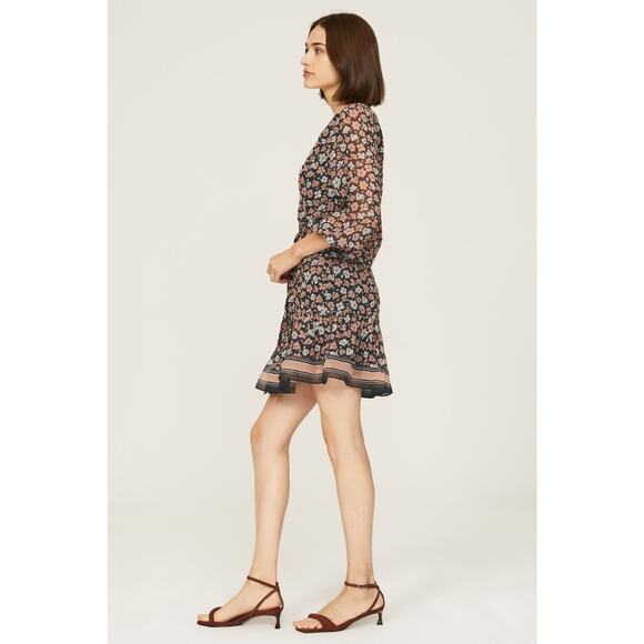 Club Monaco Silk Black Floral Print V-Neck Blouson Long Sleeve Mini Dress Sz 12 - Picture 3 of 16